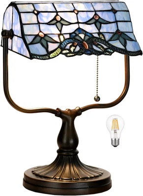 TL0031 巴洛克式蒂芙尼银行家台灯彩色玻璃蓝色灯罩带复古 Br — 第 1/4 张图片