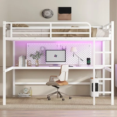 Metal Queen Size Loft Bed with LED Lighted & Stairs & L-Shaped Desk Kids Bedroom - Image 1 of 4