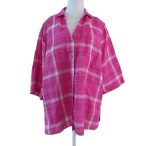Two - T's Pure Linen Pink Plaid Button Blouse Shirt Pockets Sz 16 Tartan Check - Picture 1 of 7