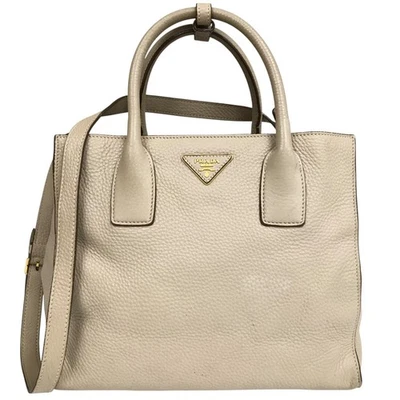Auth PRADA Tote Bag 2way Handbag Triangle Logo Shoulder Bag Beige Leather - Image 1 of 4