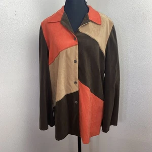 Vtg Requirements Blouse Woman's Medium Orange & Brown Colorblock Suede Fall - Picture 1 of 9