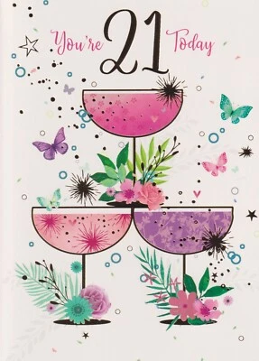 SIMON ELVIN 21ST FEMALE BIRTHDAY GREETING CARD 7"X5" GLASSES AND FLOWERS