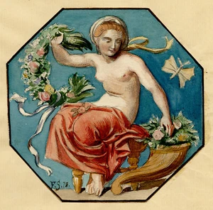 Felix Schurig, Nymph with Cornucopia & Flower Garland –1875 watercolour painting - Picture 1 of 3
