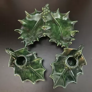 Vintage Christmas Candle Holders Holly Leaf RARE CERAMIC PORCELAIN set of 3 - Picture 1 of 9