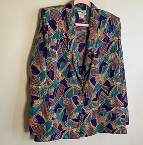 Vintage Damen Größe L Blazer Cool Caj Geometrisch Polysilk 90er Schulterpolster Schmuck - Bild 1 von 8