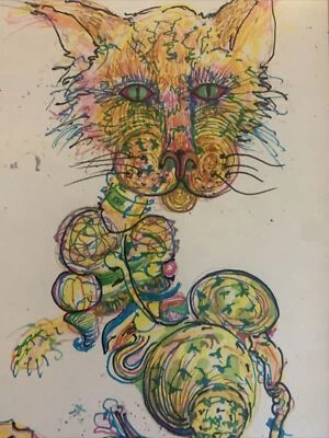 "Pintura psicodélica original Keith Brown 15x12"" de colección rara gato enmarcada" Foto 1 de 4