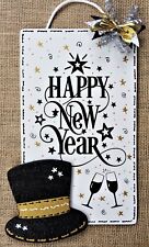 HAPPY NEW YEAR SIGN Wall Door Hanger Plaque Wreath Accent Holographic Glitter