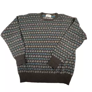 Vintage Benetton Sweater Angora & Wool Size 48 Black Gray Blue Geometric Pattern - Picture 1 of 6