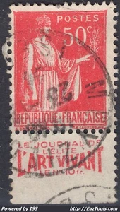 FRANCE TYPE PAIX N° 283 BANDELETTE PUB L'ART VIVANT AVEC OBLITERATION - Picture 1 of 2