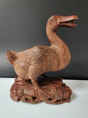 Antique VTG Chinese Hand Carved Wood Bird Duck Sculpture Glass Eyes Signed - Image 1 of 4