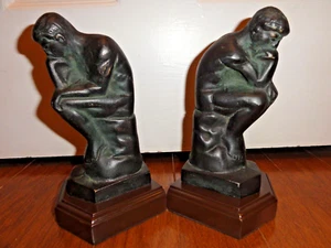 Metal On Wooden Base The Thinker Sculpture 2 Pc Book Ends - Picture 1 of 9