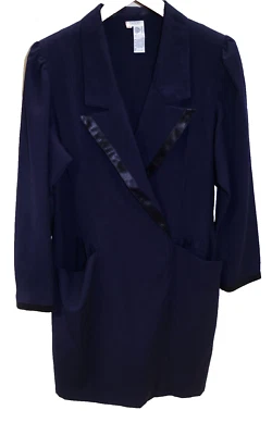 C22 Vintage Dejac París Azul Lana Vestido Abrigo Chaqueta Borde Satinado XS/S 42 Francia Foto 1 de 4