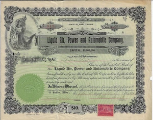 Massachusetts 1899 Liquid Air Power & Automobile Co Certificado de stock Boston - Imagen 1 de 2