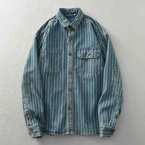 Heavy vintage washed vertical stripe denim shirt men's loose size cotton long - Picture 1 of 18