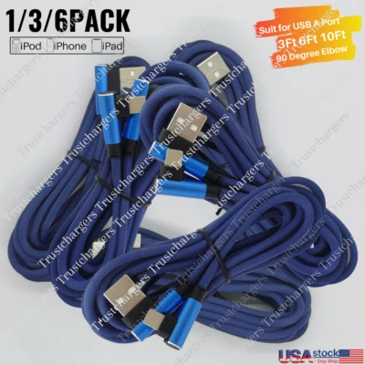 1/3/6Pack USB Fast Charger Cable Elbow Cord 3/6/10Ft For iPhone 14 13 12 11 8 6 - Image 1 of 4