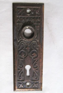 ANTIQUE VTG VICTORIAN EASTLAKE STEEL COPPER DOOR KNOB Backplate LOCK PLATE - Picture 1 of 5