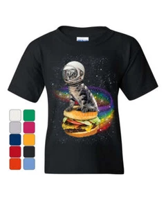 Cat Flying a Rainbow Burger Youth T-Shirt Funny Astronaut Kitten Space Kids Tee - Picture 1 of 8