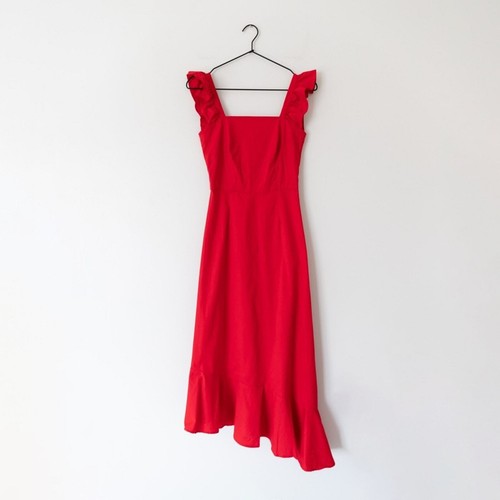 VALENTINO Abito midi STAUD Valentina scollo quadrato rosso cotone manica svasata taglia XS