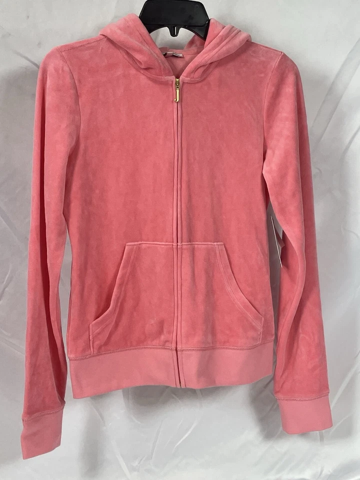 Juicy Couture 丝绒拉链连帽衫女式珊瑚粉色 M 码 — 第 1/4 张图片