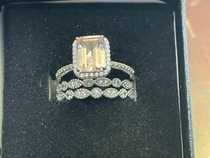 1.50 CARAT EMERALD CUT REAL MORGANITE ART DECO TRIO BRIDAL SET IN 18K WHITE - Picture 1 of 4