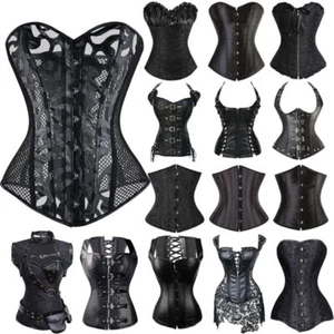 Women Burlesque Bustier Basque Boned Corset Lingerie Steampunk Black Costumes UK - Picture 1 of 21