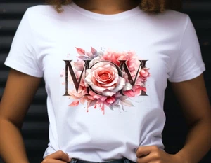 MOM Floral Rose T-Shirt Women's White Tee - Picture 1 of 4