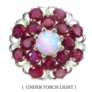 Anello in argento sterling 925 opale di fuoco rotondo 7 mm rubino gemma gioielli - Foto 1 di 9