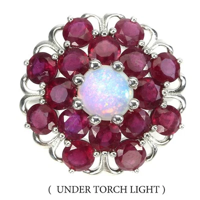 Anello in argento sterling 925 opale di fuoco rotondo 7 mm rubino gemma gioielli - Immagine 1 di 4