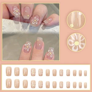 24Pcs Square False Nails For Girls Sweet And Cute Nail Tips Medium Press On Nail - Picture 1 of 5