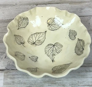 Signed Studio Pottery Bowl Leaf Imprint Cream Glaze Wavy Rim Handmade Ceramic - Picture 1 of 7