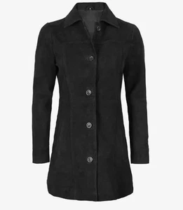 Women's New Slim Fit Black Sheepskin Suede Leather Trench Winter Car Long Coat - Picture 1 of 6