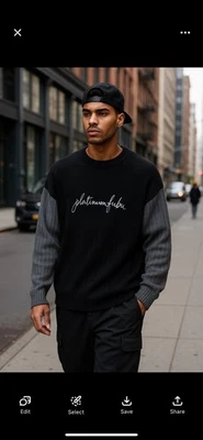 FUBU Sweater Mens XL Oversized Platinum Pullover Black Gray Embroidered - Image 1 of 4