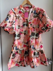 THML Dress Without Even Trying Puff Sleeve NWT Floral Short Pinks/Brown/Cream - Picture 1 of 15