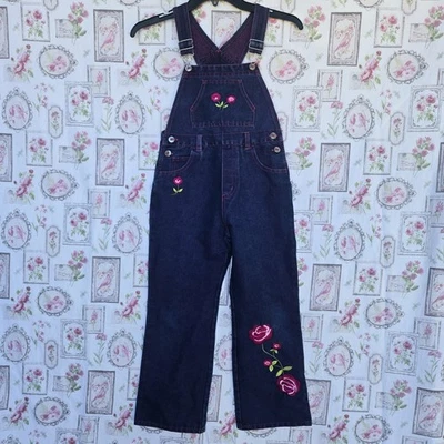 VTG Faded Glory Girls Denim Overalls Embroidered Roses Pink Glitter Bibs Sz 7 - Image 1 of 4
