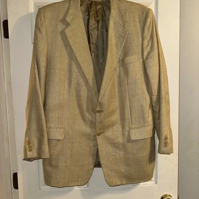 Hickey Freeman Men's 46L Silk Wool Sport Coat Beige Windowpane Blazer USA Made - Image 1 of 4