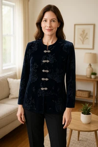 R&M Richards Petite Blazer Tunic Size 12P Blue Velvet Floral Burnout Metal Clasp - Picture 1 of 6