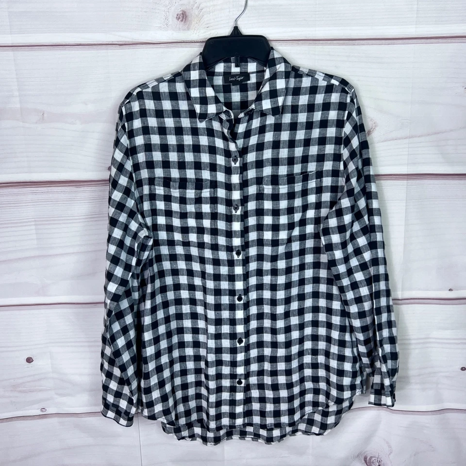 Lord & Taylor Top Womens L Black Gingham Print Shirt Linen Button Up Long Sleeve - Image 1 of 4