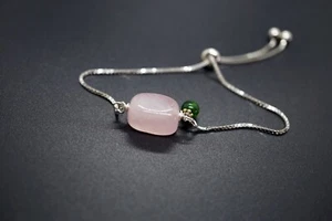 Platinum Plated Silver Adjustable Chain Rose Quartz Chrome Diopside Charm 8'' - Picture 1 of 7