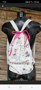 Nwot Bomb Cosmetics Canvas Fabric Pug Print Backpack Pink White Birthday Gift 