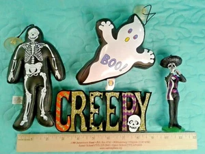 4 HALLOWEEN Items Creepy Sign 5" Skelton 2 Hanging Stick on Window Toys Ghost - Picture 1 of 12