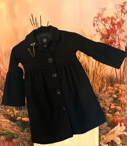 Baby Gap Kids Girls Classic Black Wool Pea Coat Sz 5 Flare Peacoat w Bee Brooch! - Picture 1 of 12