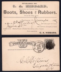 BURLINGTON Vt 1882 ADVERTISING Postal Card. Hibbard Boots, Shoes & Rubbers - Picture 1 of 3