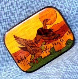 Ducks Dress Belt Buckle Sportsman Art Wood Inlay Brass Vtg 80s Harmony .QRT791 - Picture 1 of 9
