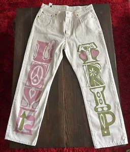 New Levi's 501 Retro Beige/Cream Love Trip Wording Jeans W30 L30 - Picture 1 of 13