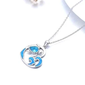 Blue Wave & Sea Turtle Heart Shaped Necklace Jewelry Ocean Beach Silver Toned - Picture 1 of 3