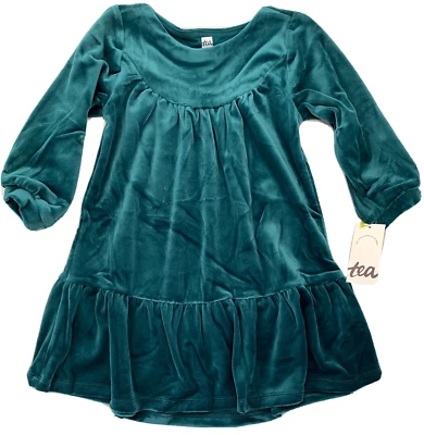 Nuevo con etiquetas Vestido de fiesta de Navidad de terciopelo verde de aguas profundas Tea Collection para niñas 4 Foto 1 de 4