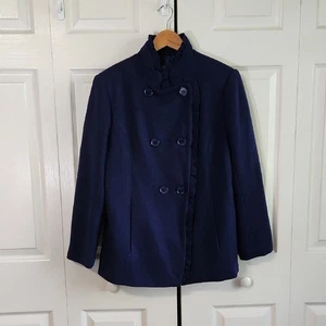 Ann Taylor Womens Navy Blue Pea Coat Size LP Double Breasted Ruffled Wool Blend - Picture 1 of 10