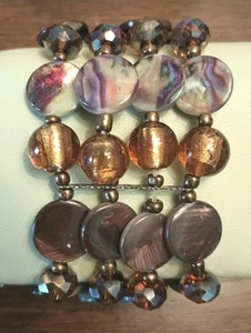 Vtg Glass? Beaded 4 Strand Stretch Bracelet Artsy Boho Honey Bronze Purple - Picture 1 of 4