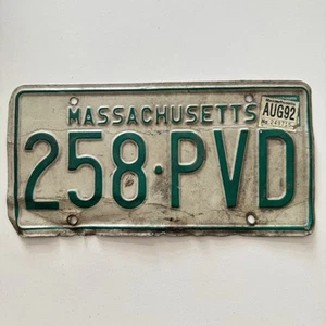 Vintage MASS 92 1990s Green White Massachusetts License Plate # 258-PVD Auto Tag - Picture 1 of 4