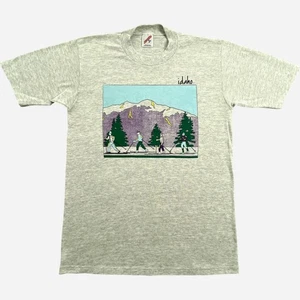 Vintage Idaho Skiing Graphic T Shirt Mens Medium Gray Jerzees USA Nature Tee - Picture 1 of 10